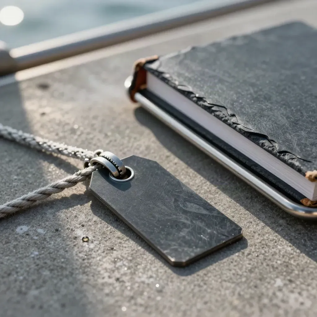 Cargo seal tags, braided dock line, slate ledger book and brushed metal tray on a misty dock