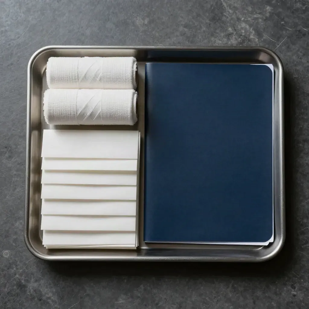 Top-down hospital supplies arranged in a brushed steel tray with bandage rolls and a navy folder