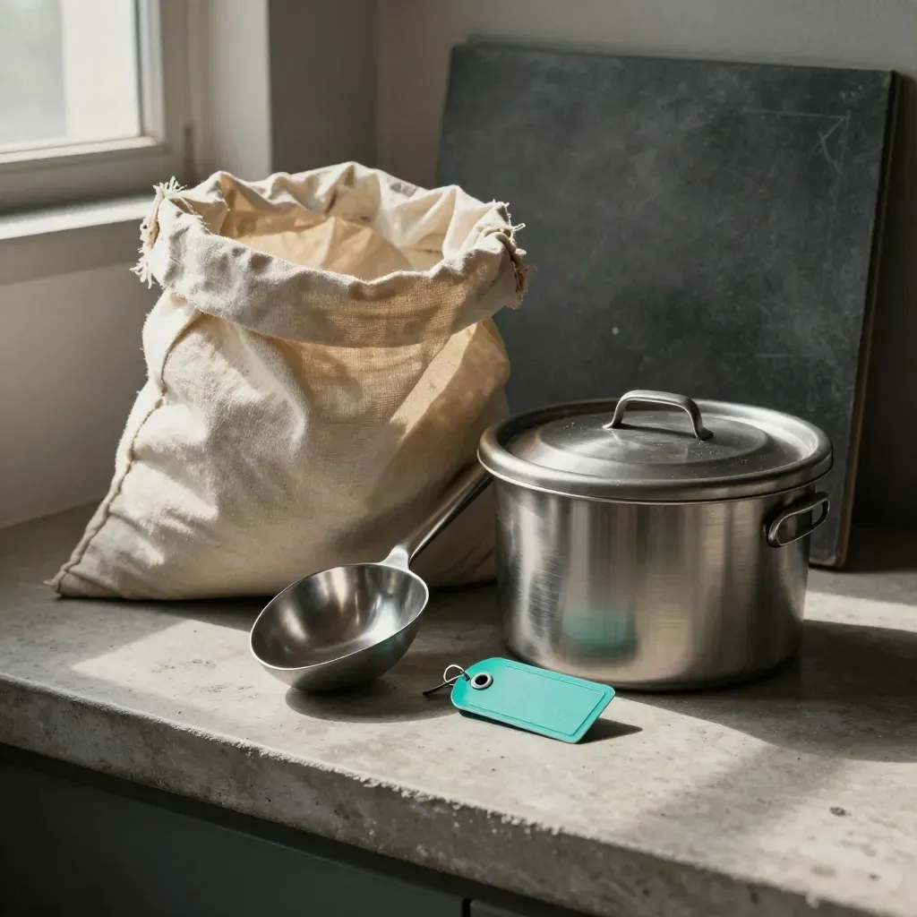 Produce sack, steel scoop, storage bin, and teal tag ring on concrete.