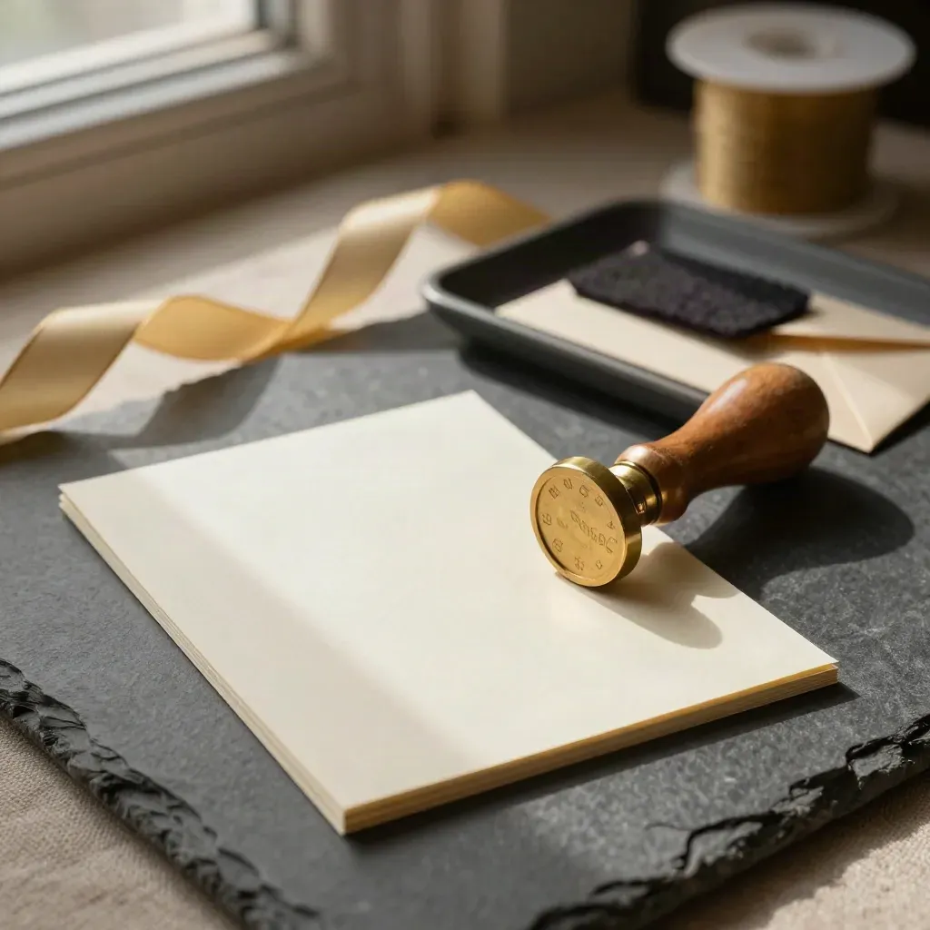 Wax seal stamp with note cards, moistener tray, and gold ribbon on dark stone.