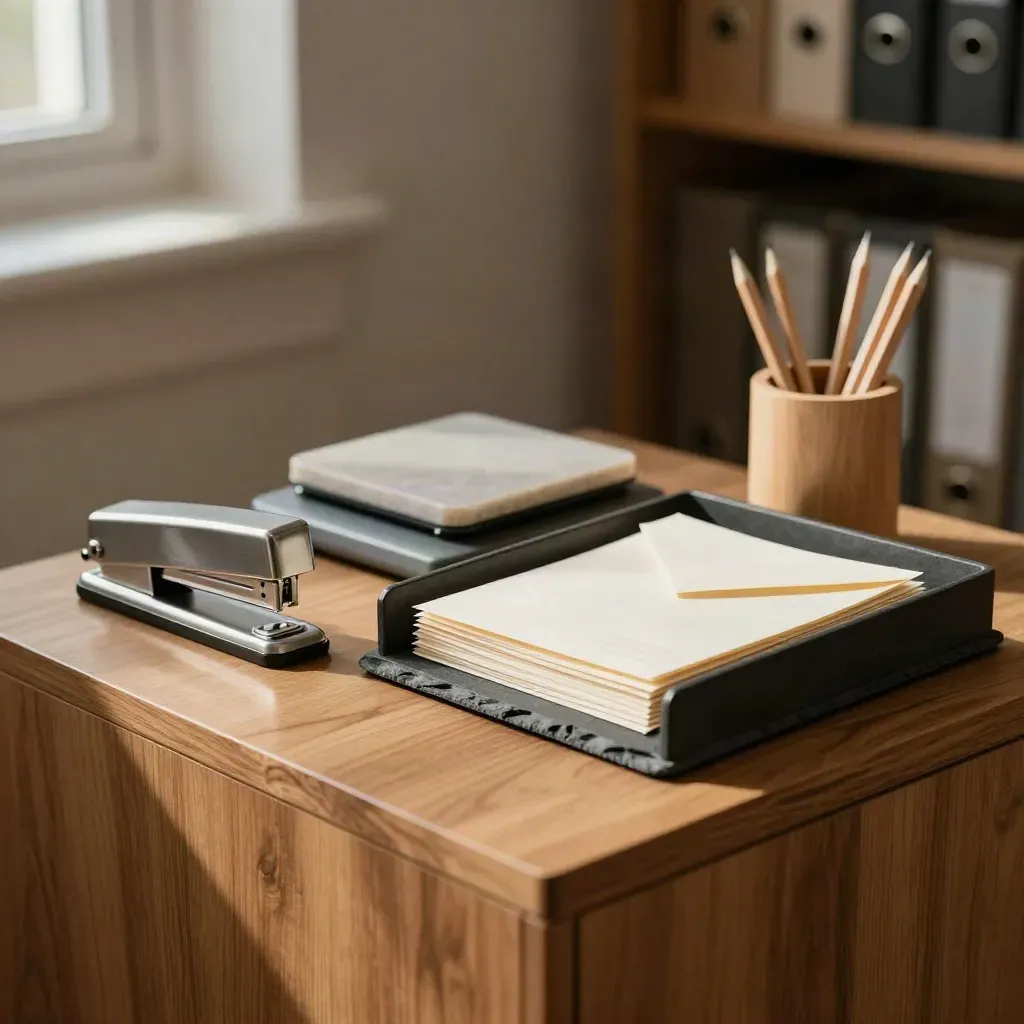 Desktop stewardship tools on a honey-oak credenza with stapler, scale, tray sorter, and pencil cup.