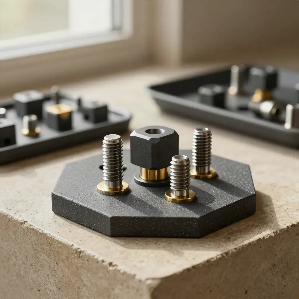 Hexagonal coupling plates and bolts linked on limestone concrete with soft gold highlights.
