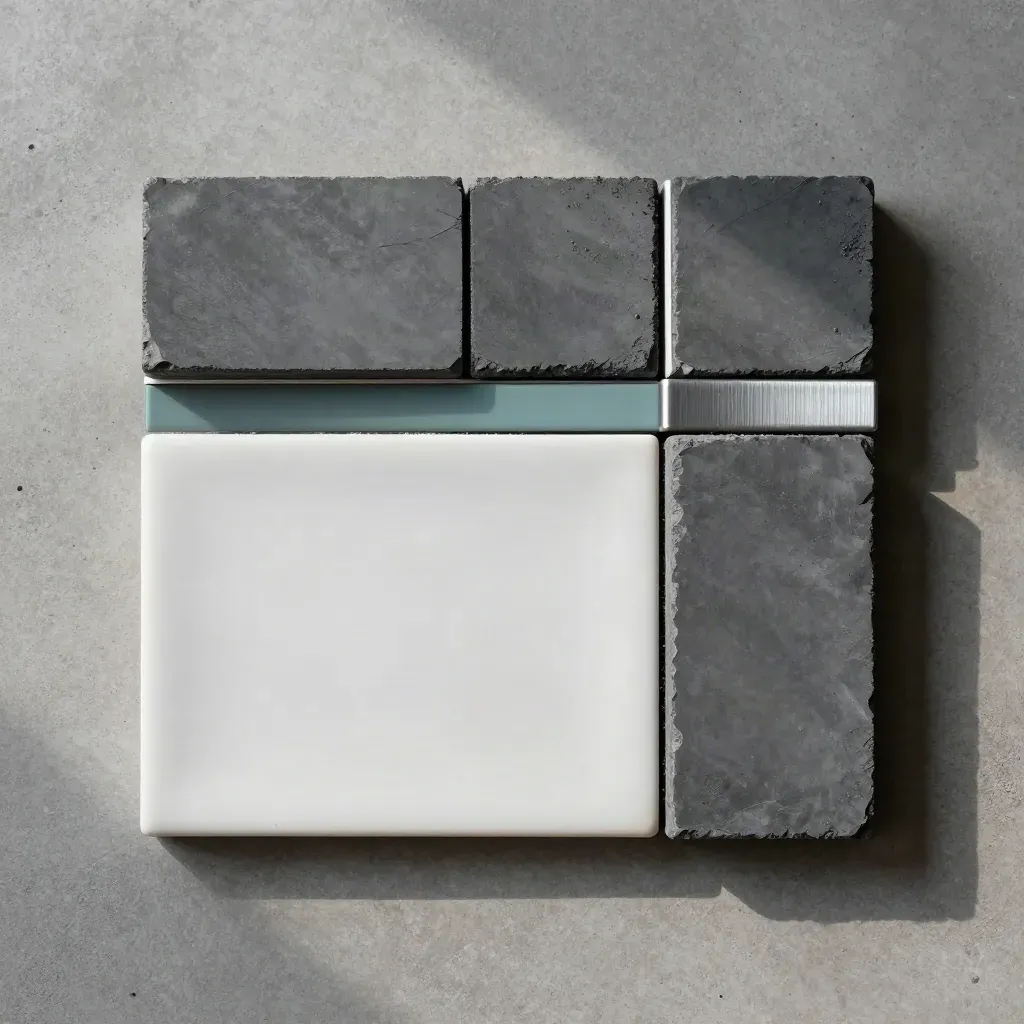 Top-down still life of graphite blocks, ceramic tile, and steel divider on concrete with a teal accent.